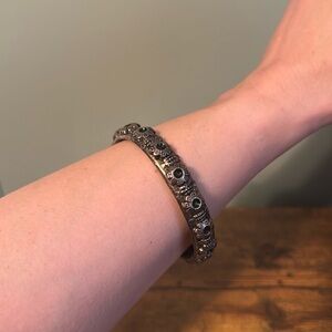 Vintage Silver Bangle Bracelet, Decorative Design, Boho, Intricate Flowers